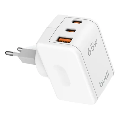 BUDI AC352EW 65 W rejseophænger USB-A + 2 type-C vægadapter med roterbar stik til laptop / flere enheder, EU-stik