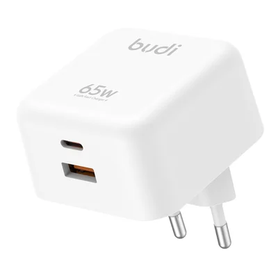 BUDI AC320EW 65W GaN-dæmper med USB-A + USB-C-porte, hurtigopladning til laptop/bærbar computer, EU-stik