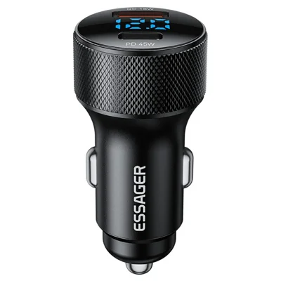 ESSAGER PD 45W Chargeur de Voiture en Alliage d'Aluminium USB-A / Type-C Double Port PD3.0 / Chargeur Rapide QC3.0 - Noir