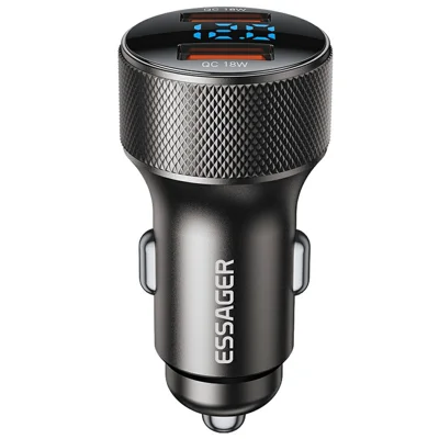 ESSAGER PD 36W Aluminum Alloy Fast Charging Car Charger Dual QC3.0 Digital Display Power Adapter - Grey