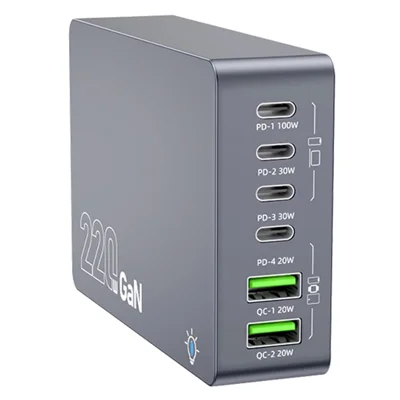 WLX-F8A Skrivebordsoplader 6-port GaN PD 220W (faktisk effekt 100W) USB-C hurtigopladeradapter - US-stik