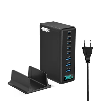 380W Digital Display GaN Desktop Charging Station Type-C + USB-A 8 Ports Fast Charger - Black  /  EU Plug