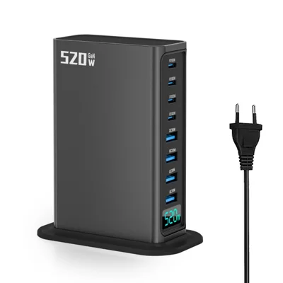 Ładowarka GaN 520 W, porty typu USB-C i USB-A, 8-portowa stacja ładowania na biurko, szybkie ładowanie z cyfrowym wyświetlaczem – kolor czarny / wtyk typu EU