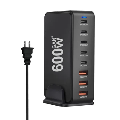 600 W GaN-skriverammer med type C + USB-A, 8-porters hurtigopladningsstation til bærbare computere, tablets og smartphones – sort / EU-stik