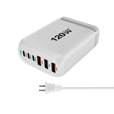 GaN 120W PD Fast Charger USB-A + USB-C Multi-Port Power Adapter with Desktop Stand - White/US Plug