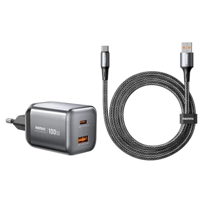 REMAX CA-15 100W GaN Adattatore da Viaggio Pieghevole con Presa EU e Cavo di Ricarica Rapida A-C