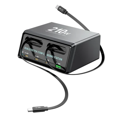 WLX-60E 210 W GaN-skriverlader med USB-A + 3 Type-C strømforsyning og 70 cm indtrækskabel – US-stik