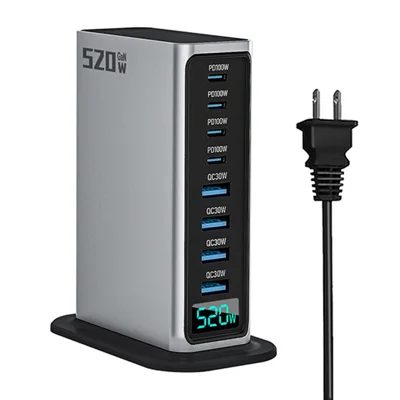 NCC666 520W Multi-Port GaN Hurtigopladser Intelligent Digital Display Rejse- og Skrivebordsoplader - US-Stik/Sølv