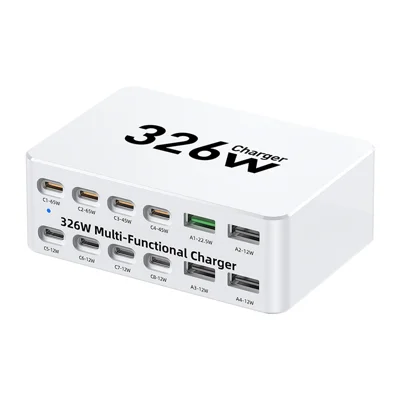 WLX-818E 326 W 12-port GaN-oplader til laptop/tablet/telefon Skrivebordsstrømforsyning – US-stik
