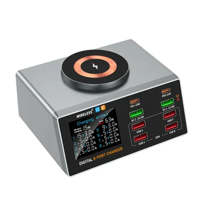 شاحن سطح المكتب الذكي WLX-X9A بشاشة عرض وتحكم عبر التطبيق، بقوة 100 واط، مع محطة شحن لاسلكية مغناطيسية - أسود/قابس أمريكي