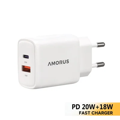 AMORUS PD 20W USB-C + 18W USB-A Fast Charging Wall Charger Dual Port Smart Power Adapter, EU Plug - White