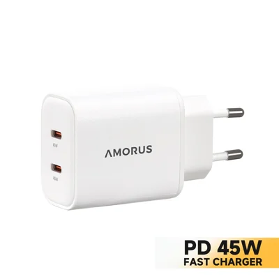 Adaptador de Alimentação AMORUS com Dupla Porta USB-C GaN PD 45W, Carregador Rápido para iPhone / MacBook / iPad, Tomada UE - Branco