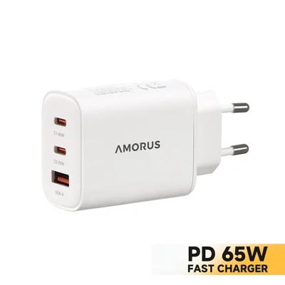AMORUS PD 65W Fast Charging Wall Charger USB-A + Dual Type-C GaN Power Adapter for Laptop / Smartphone / Tablet, EU Plug - White