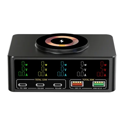 WLX-818C Smart Digital Display 140W Multi-Port USB Charger GaN Magnetic Wireless Charging Station - Sort/US-stikpropp