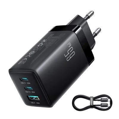 JOYROOM JR-TG10 65 W EU-Stecker Schnellladegerät USB-A + Dual Type-C GaN-Ladegerät mit 1,2 m 100 W USB-C-Kabel – Schwarz