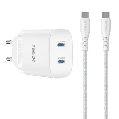 YESIDO YC109 PD 45W Dual USB-C-Ladegerät-Set mit USB-C-Kabel Schnellladung-Netzteil, EU-Stecker – Weiß