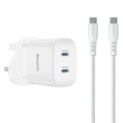 YESIDO YC155 PD 45W Fast Charger Dual USB-C Ports Travel Adapter with USB-C Cable for Home  /  Office - UK Plug