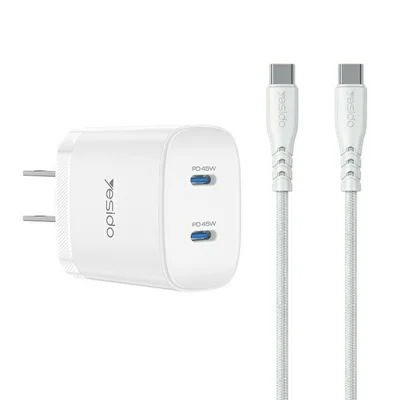 YESIDO YC22U PD 45W Dual USB-C Fast Charger Portable Wall Charger Adapter with USB-C to USB-C Cable - US Plug