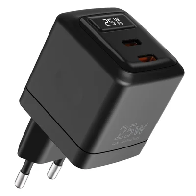 Massekøb PD 3.0 + QC3.0 25W USB-C dobbeltport GaN-lader med digital display hurtiglader til telefoner / tablets, EU-stik - Sort