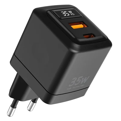 Massekøb PD 3.0 + QC3.0 35W GaN hurtiglader USB-A + USB-C dobbeltport digital display strømforsyning til iPhone / Samsung / iPad, EU-stik – Sort