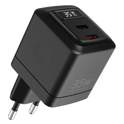 Cargador GaN de 35 W con USB-C dual, PD 3.0 + QC3.0, pantalla digital, cargador rápido para teléfonos y tabletas, enchufe UE - Negro, compra por volumen