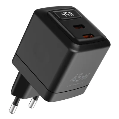 Bulk Purchasing PD 3.0 + QC3.0 45W USB-C Dual Port GaN Charger Digital Display Fast Charging Adapter for Phones  /  Tablets, EU Plug - Black