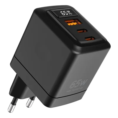 Mengenkauf USB-A + 2 Typ-C 65W GaN-Ladegerät PD 3.0 + QC3.0 Schnellladegerät mit Digitalanzeige für iPhone / Samsung / Xiaomi, EU-Stecker – Schwarz