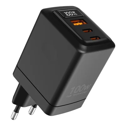 Bulk Purchasing USB-A + 2 Type-C 100W GaN Charger PD 3.0 + QC3.0 Fast Charging Adapter with Digital Display for iPhone / Samsung / Xiaomi, EU Plug - Black