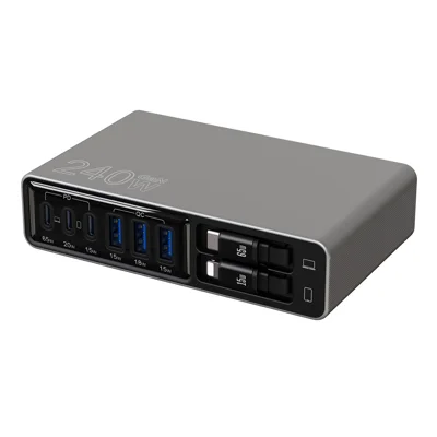 Massekøb PD 3.0 + QC3.0 65W hurtiglader 3 USB-C + 3 USB-A skrivebordsladeboks med Type-C + iP udrullelige kabler, EU-stik – Sort