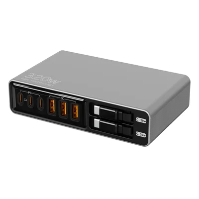 Engroskøb 3 USB-C + 3 USB-A opladerstation PD 3.0 + QC3.0 100W hurtigopladning skrivebordsoplader med to indtrækbare Type-C kabler - Sort