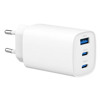 Engroskøb 65 W hurtigladeadapter USB-A + dobbelt Type-C PD 3.0 + QC3.0 GAN-lader til iPhone / Samsung / Xiaomi, EU-stik – Hvid
