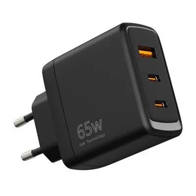 Engros 65 W GAN-lader USB-A + dobbelt Type-C PD 3.0 + QC3.0 hurtigoplader til iPhone / Samsung / Xiaomi, EU-stik – Sort