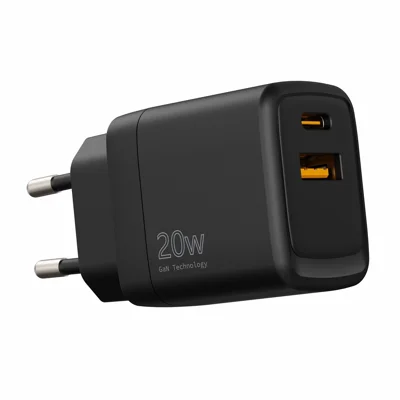 20W GaN-lader med USB-A + Type-C til sæsonkøb, PD 3.0 + QC3.0 hurtigladeradapter til smartphones og tablets, EU-stik – Sort