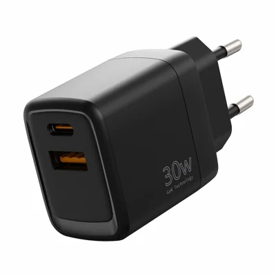 Engroskøb 30 W USB-C + USB-A dobbeltport hurtigladeradapter PD 3.0 + QC3.0 GaN-lader til smartphones / tablets, EU-stik – Sort