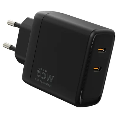 Massekøb PD 3.0 + QC3.0 65W hurtiglade GaN-lader med dobbelt USB-C-port vægsæt til telefon / tablet / bærbar computer, EU-stik - Sort