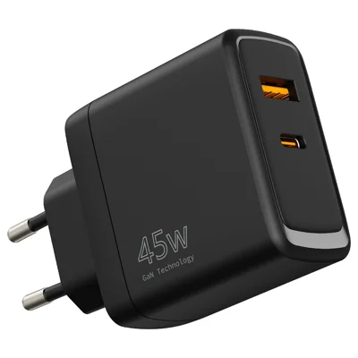 Massekøb PD 3.0 + QC3.0 45W USB + Type-C hurtiglader GaN-lader til telefon / tablet / bærbar computer vægsæt, EU-stik - Sort