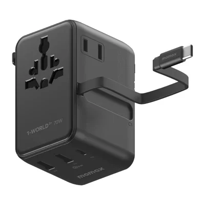 MOMAX UA30 1-World2+ Dual AC Universalreiseladegerät GaN 70W Internationales Netzteil mit integriertem einziehbarem Kabel – Schwarz