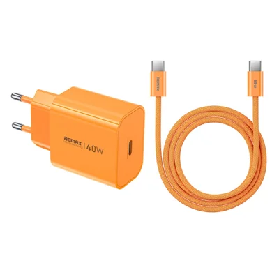 REMAX CA10(C40W) GaN Charger Kit 40W USB-C PD Adapter + 65W USB-C to USB-C Cable EU Plug Fast Charging Set - Orange