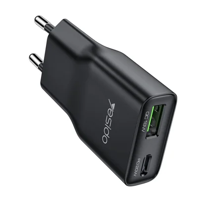 YESIDO YC112 Ekstra Tynd 20 W Hurtigopladser USB + Type-C Dobbelt Port Vægoplader, EU-omformer - Sort