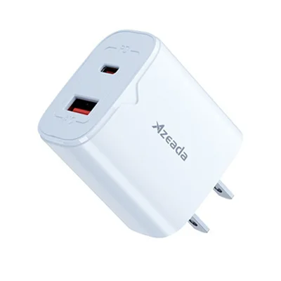 Chargeur double port AZEADA USB-A + Type-C GaN 30 W, adaptateur de charge rapide pour téléphone et tablette - Prise US/Blanc