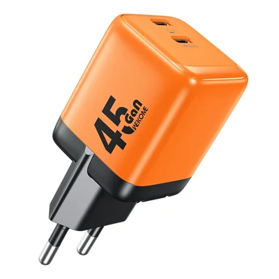 WEKOME WP-U47 45W GaN Charger 2 USB-C Ports Fast Charging Adapter for Laptop Tablet Phone, EU Plug - Orange