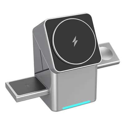 W10 3 in 1 Magnetic Wireless Charger 15W Fast Charging Stand for iPhone Samsung Phone Watch Earbuds - Grey