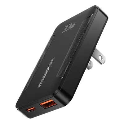 ESSAGER US Plug 33W GaN Travel Charger Type-C + USB-A Dual Port Ultra Slim Fast Charging Adapter - Black