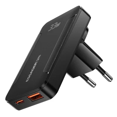 ESSAGER 33W GaN Travel Charger Type-C + USB-A Dual Port Ultra Slim Fast Charging Adapter - EU Plug
