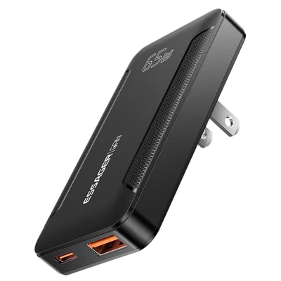 ESSAGER US Plug 65W GaN Ultra Thin Travel Charger USB-C + USB-A Fast Charging Adapter for MacBook iPhone iPad - Black