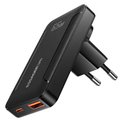 ESSAGER 65W GaN Ultra Thin Travel Charger USB-C + USB-A Fast Charging Adapter for MacBook iPhone iPad - EU Plug