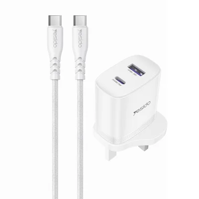 YESIDO YC154 сетевой зарядный адаптер с британской вилкой, PD 35 Вт USB-C + QC 18 Вт USB-A, двухпортное быстрое зарядное устройство с кабелем Type-C 1 м — белый цвет