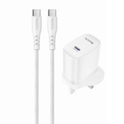 YESIDO YC153 UK Plug PD 35W USB-C Wall Charger Fast Charging Adapter with 1m Type-C Cable for Laptop Phone - White