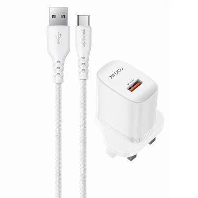 YESIDO YC157 Spina UK QC 3.0 18W Caricatore Rapido USB-A Adattatore da Muro con Cavo USB-A a Type-C 1m - Bianco