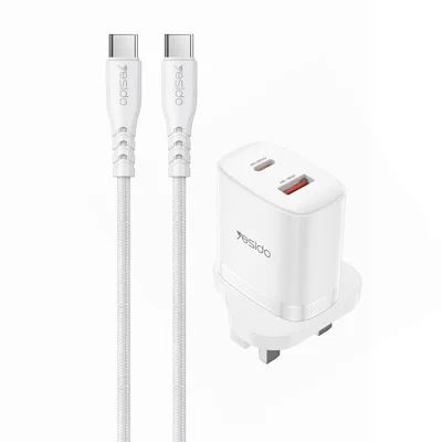 YESIDO YC152 Carregador de Parede com Dupla Porta PD 20W USB-C + QC 18W USB-A com Tomada UK e Cabo Tipo-C de 1m - Branco